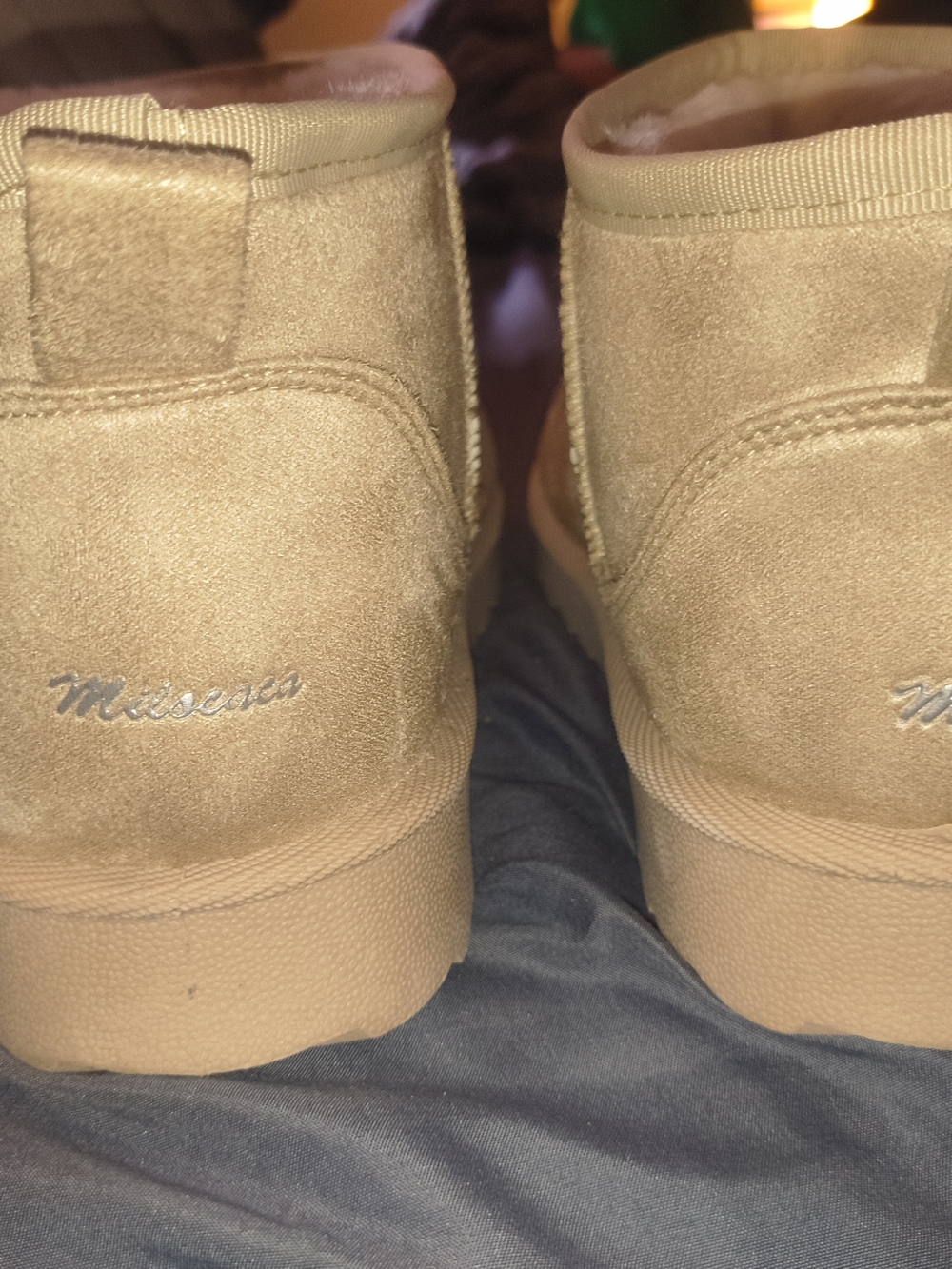 Tan Suede Ankle Boot Pair with Embroidered Logo